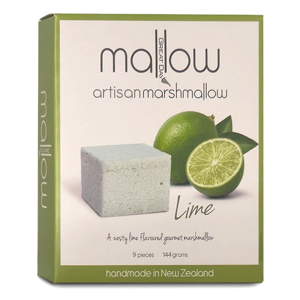 Box of mallow artisan marshmallow with lime flavor on a white background