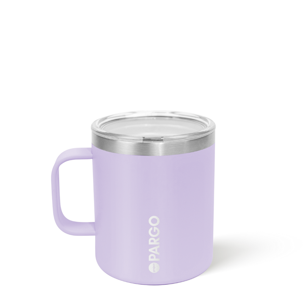 Lavender insulated mug with silver rim and handle on a white background