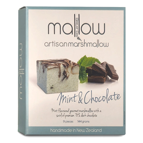 Box of mallow artisan marshmallow with mint and chocolate flavor on a white background