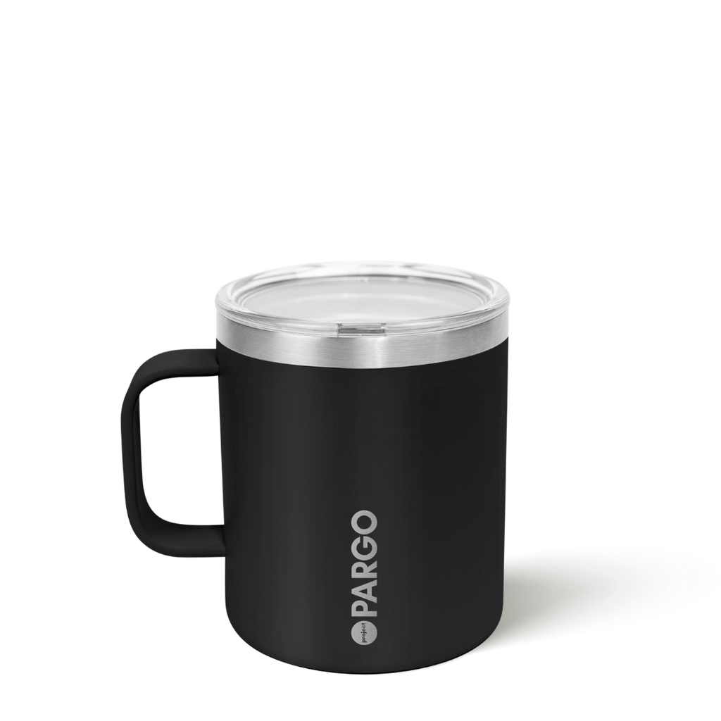 Black insulated mug with silver lid on a white background