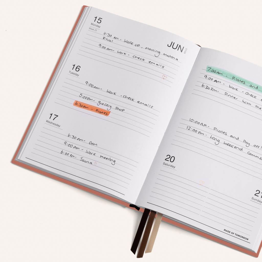 Open daily planner with handwritten tasks and appointments on a white background