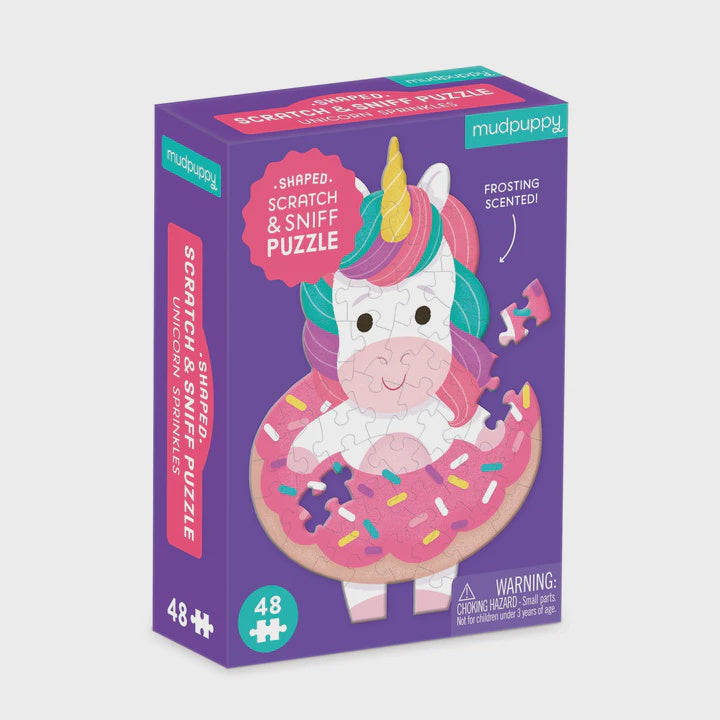Mudpuppy unicorn puzzle box with a purple background