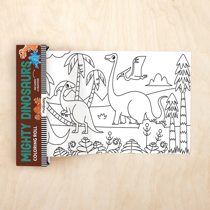 Coloring roll with dinosaur illustrations on a wooden surface