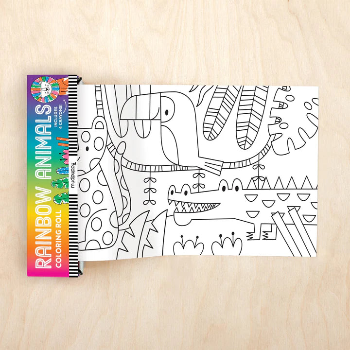 Coloring book with rainbow animals design on a wooden surface
