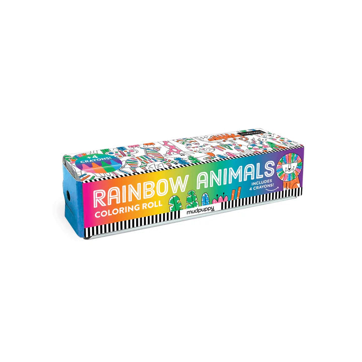 Colorful packaging of a coloring roll with rainbow animals design on a white background