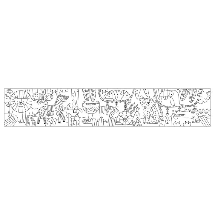 Strip of paper with black line art of various animals on a white background