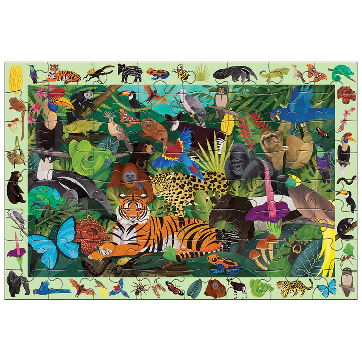 Jigsaw puzzle with various animals in a jungle setting on a white background