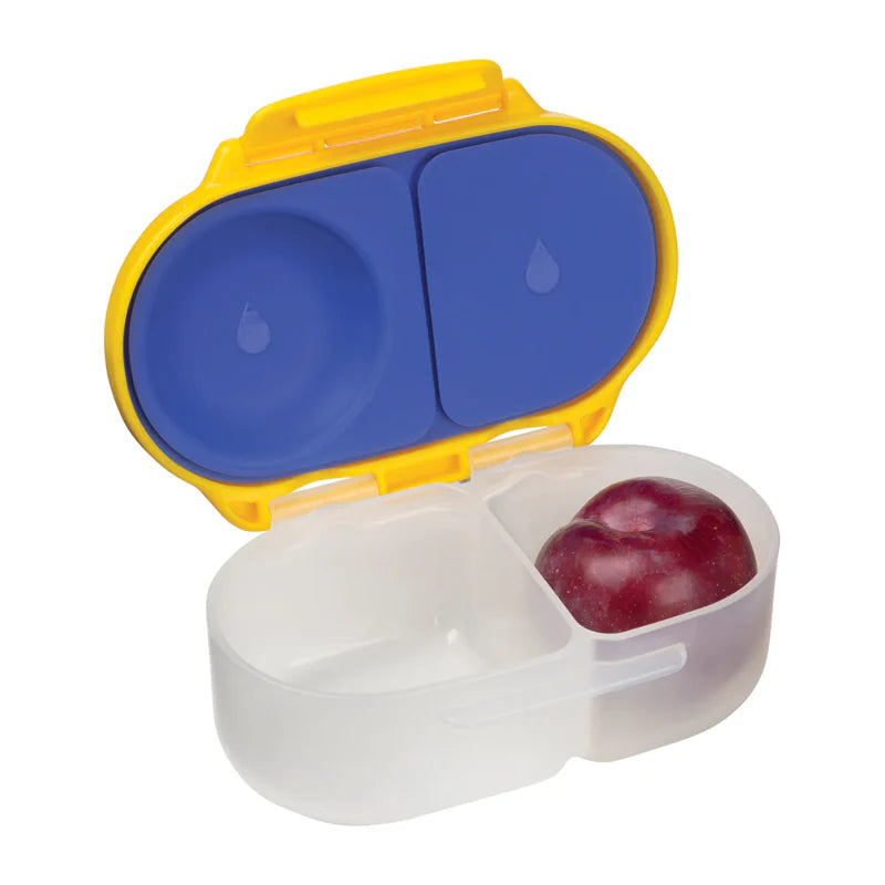 Portable snack container with compartments for food and water on a white background