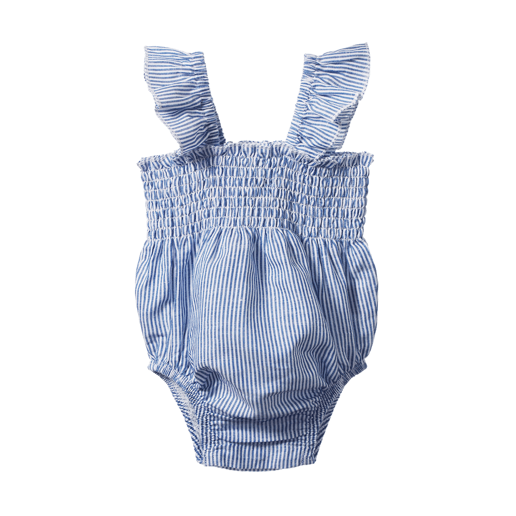 Blue and white striped baby romper with bloomers on a white background