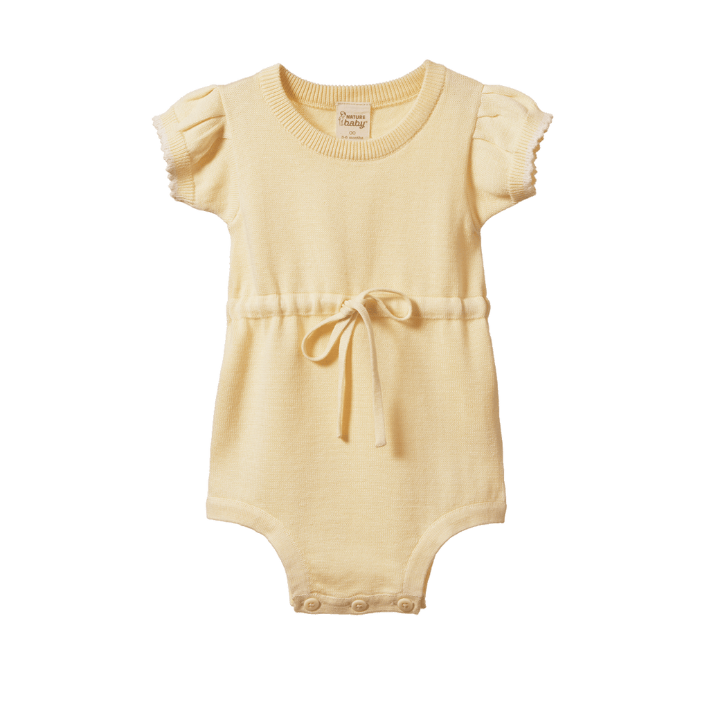 Yellow baby romper with ruffled sleeves on a white background