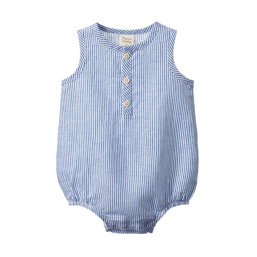 Blue and white striped baby romper with buttons on a white background