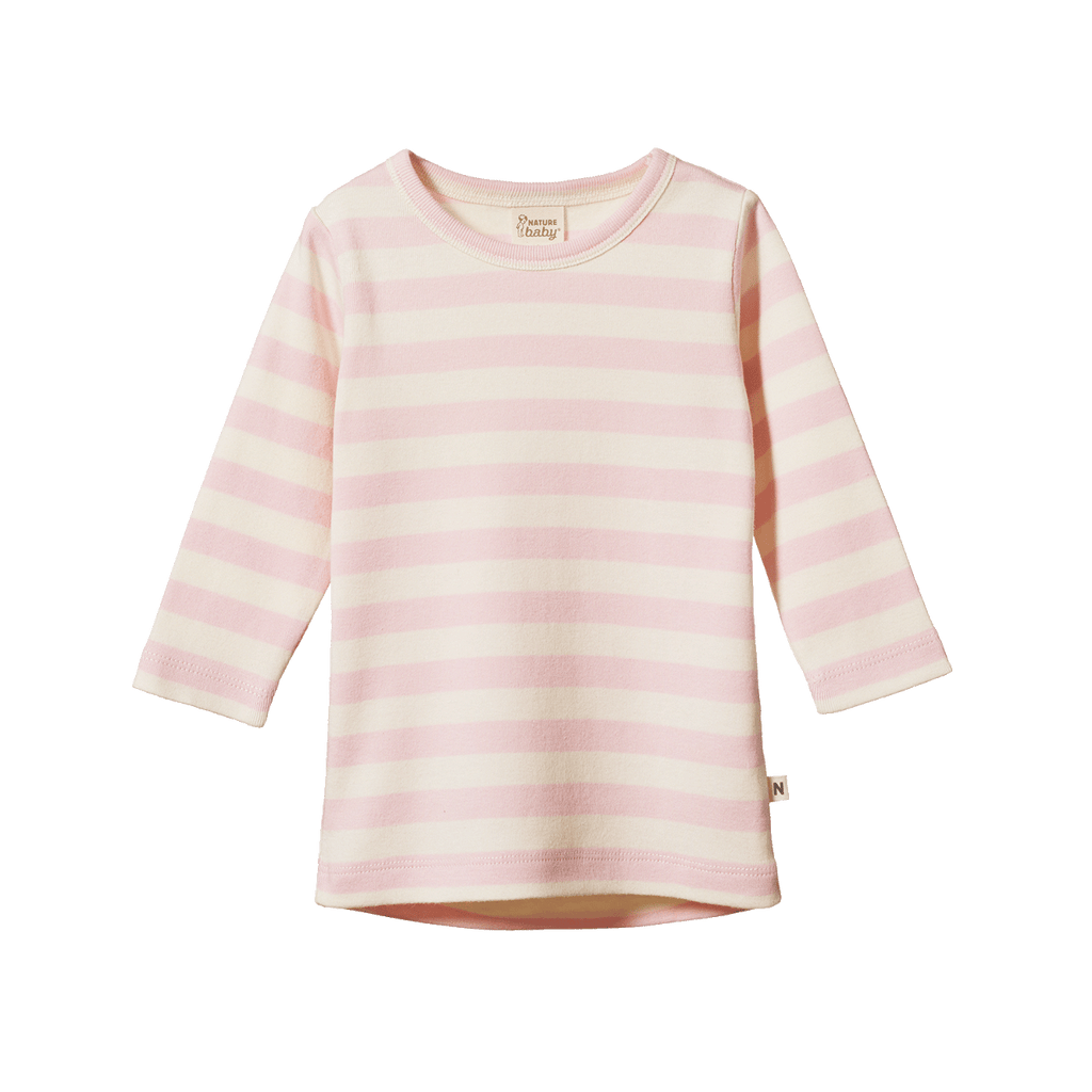 Pink and white striped long-sleeve shirt on a white background