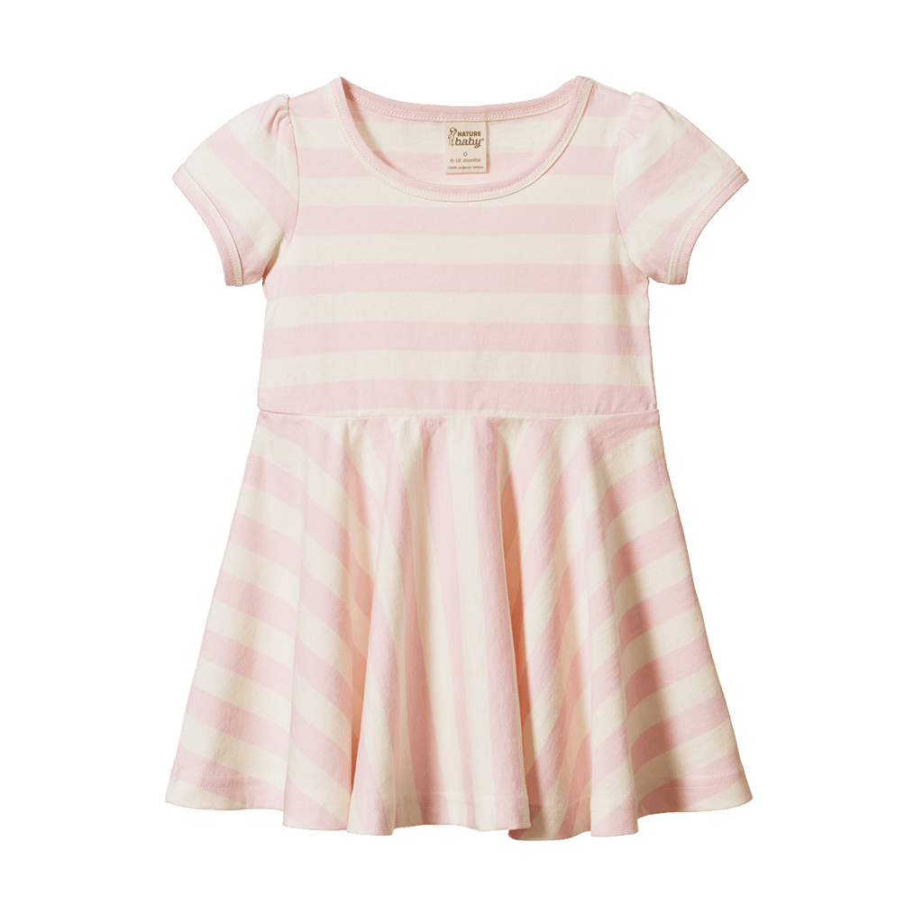 Pink and white striped dress on a white background