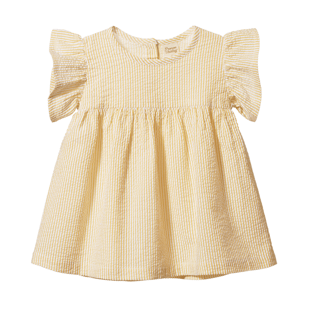 Yellow checkered dress with ruffled sleeves on a white background