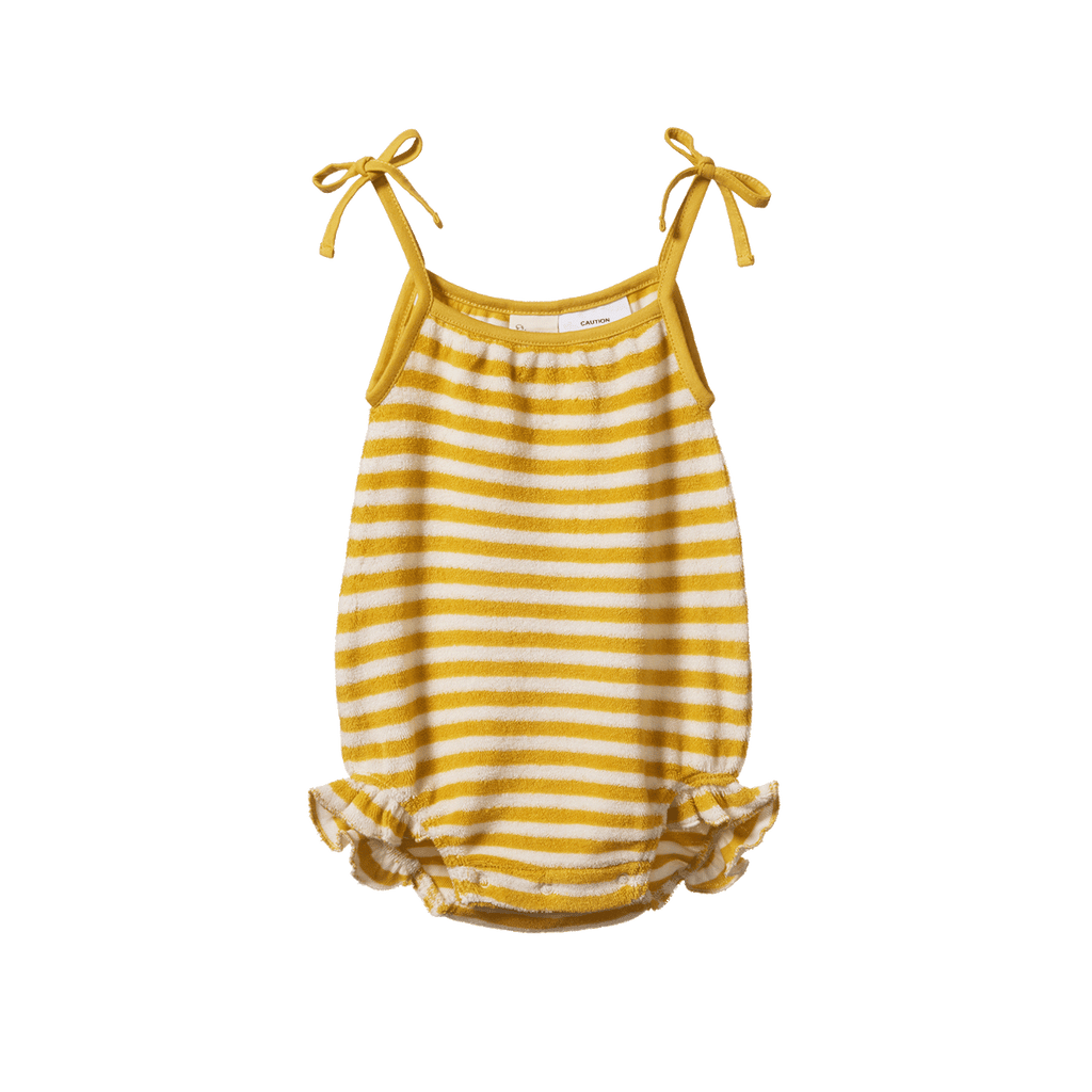 Yellow and white striped baby romper with bow straps on a white background