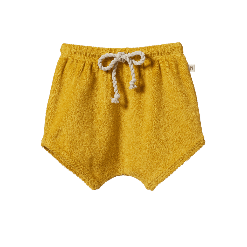 Yellow shorts with a drawstring on a white background