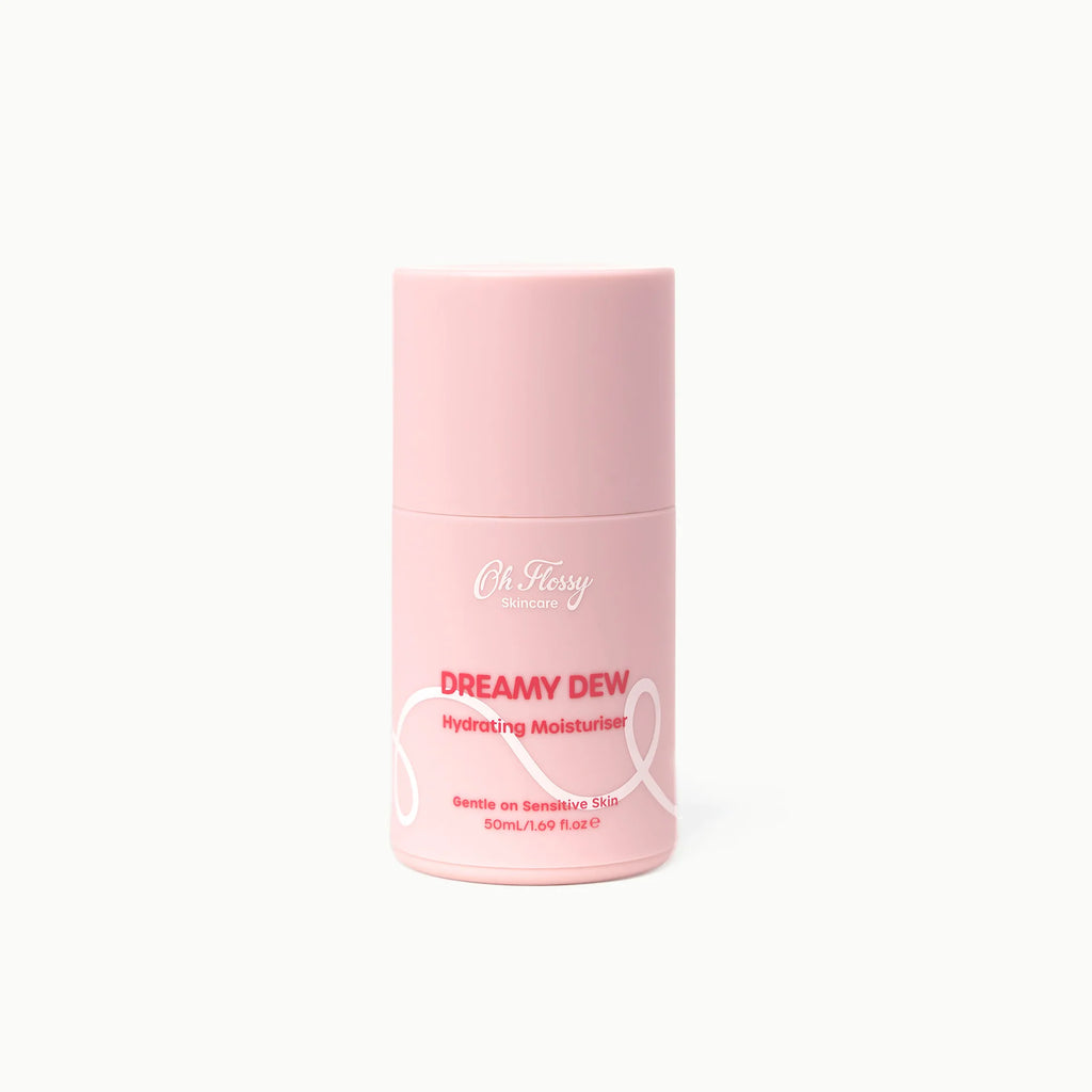 Pink bottle of 'Dreamy Dew' moisturizer on a white background