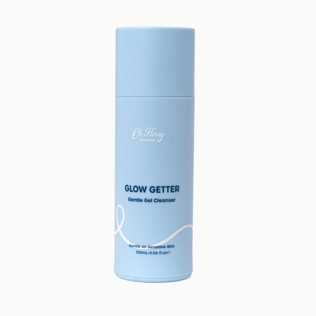 Blue bottle of 'Glow Getter' Gentle Gel Cleanser on a white background