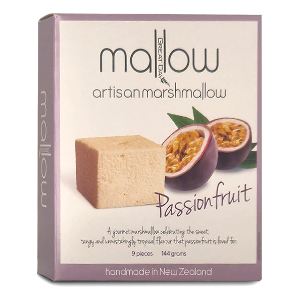 Box of mallow artisan marshmallow with passion fruit flavor on a white background