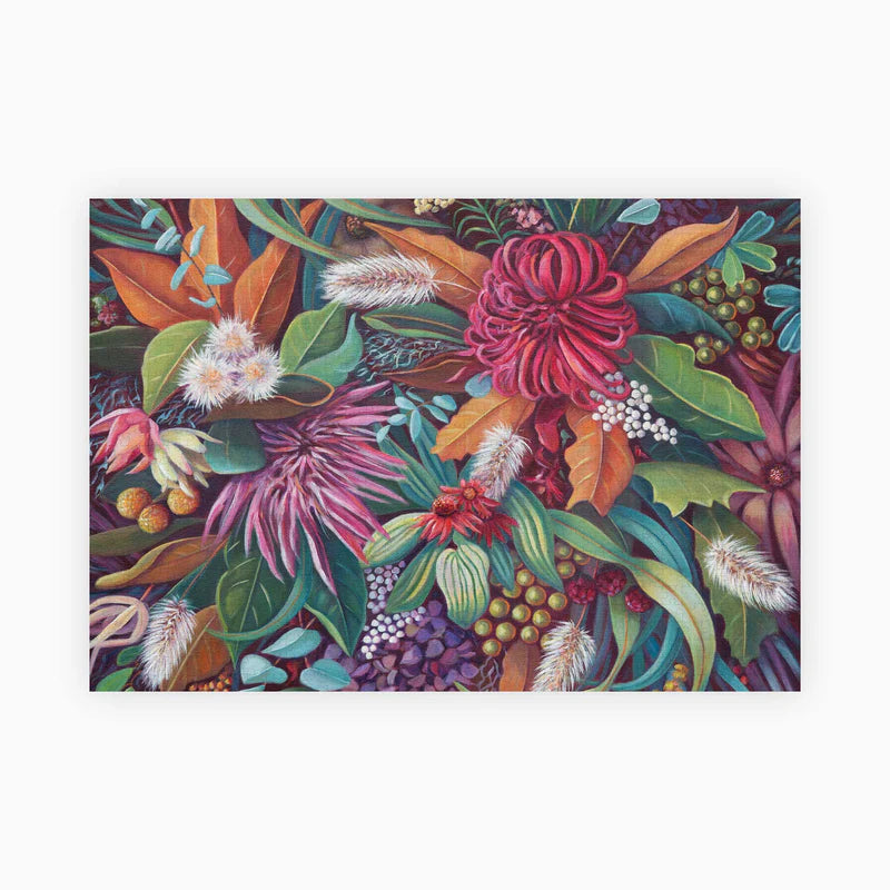 Colorful floral pattern with various flowers and leaves on a white background