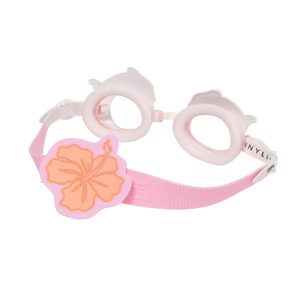 Pink swim goggles with a floral design on a white background