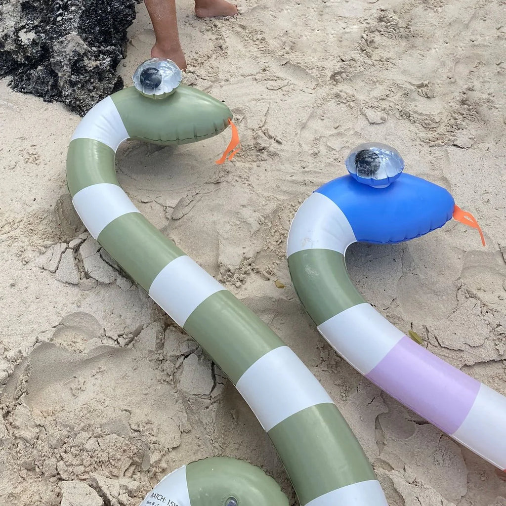 Two inflatable snake toys on a sandy surface
