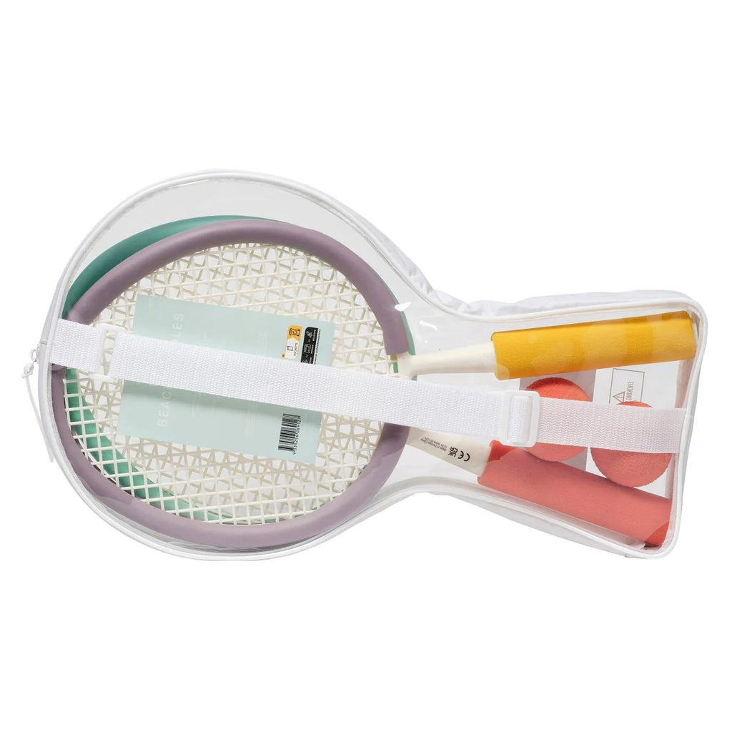 Beach racket with colorful handle in clear packaging on a white background