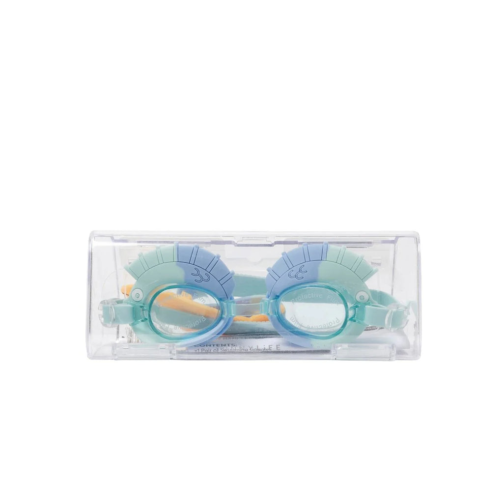 Pair of blue swim goggles in a clear case on a white background