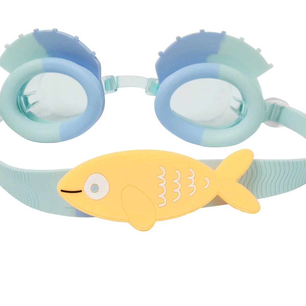 Children's swim goggles with a fish design on a white background