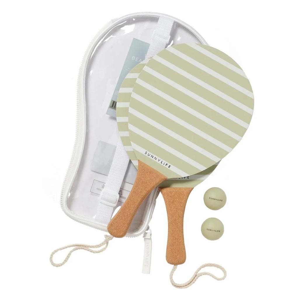 Paddle ball set with striped paddle, clear case, and balls on a white background