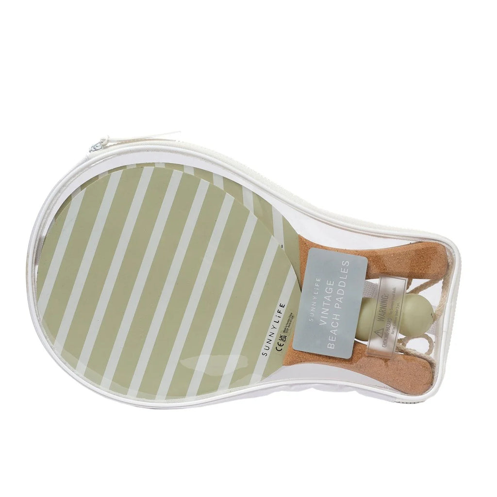 Paddle ball set with striped paddle and clear case on a white background