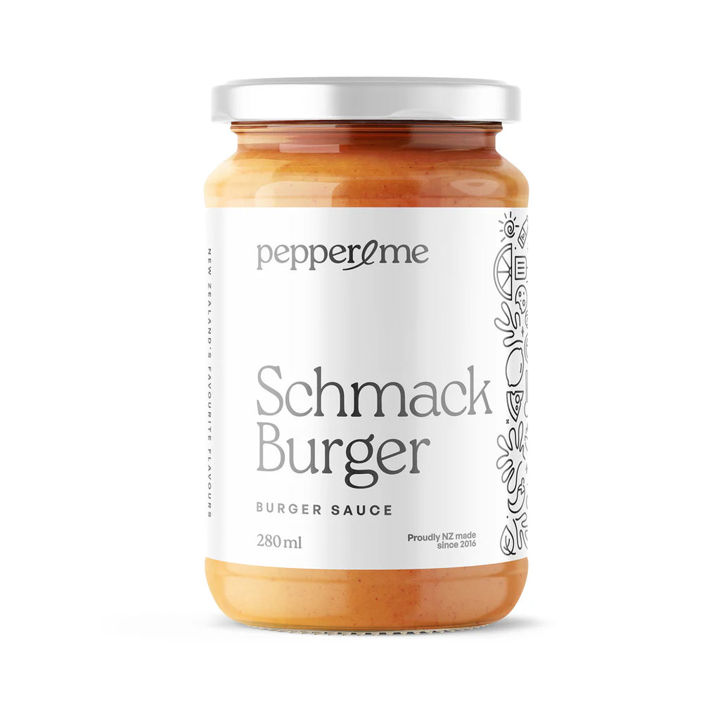 Jar of pepper & me Schmack Burger burger sauce on a white background