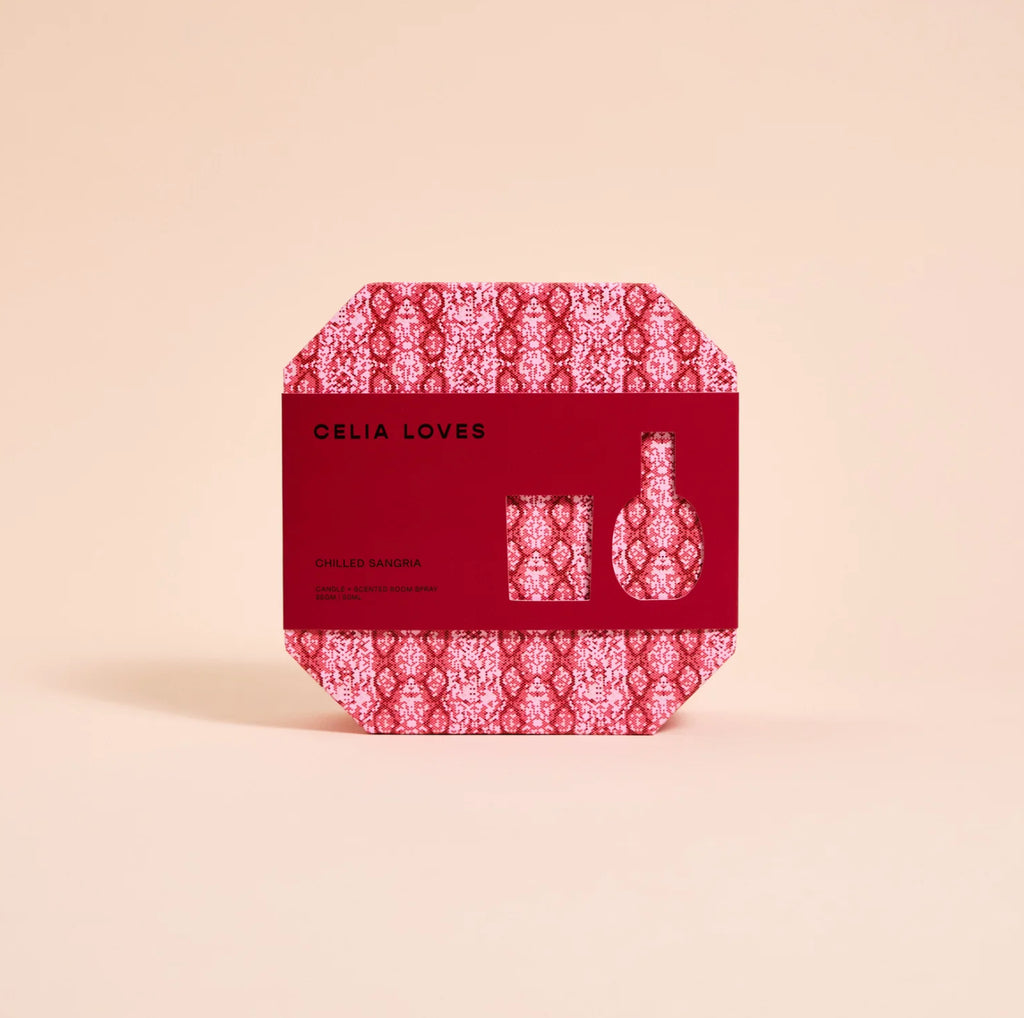 Red packaging with white pattern and 'Celia Loves' branding on a beige background