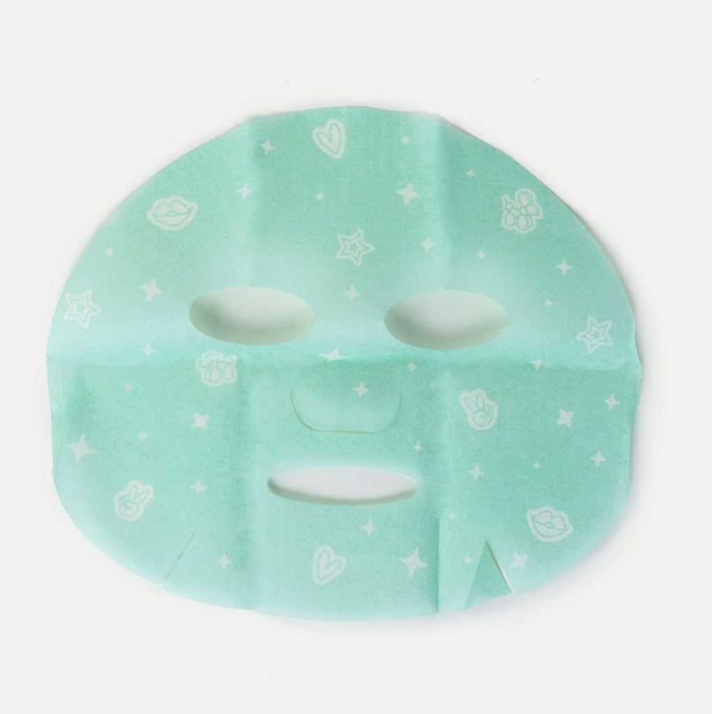 Mint green face mask with star and heart patterns on a white background