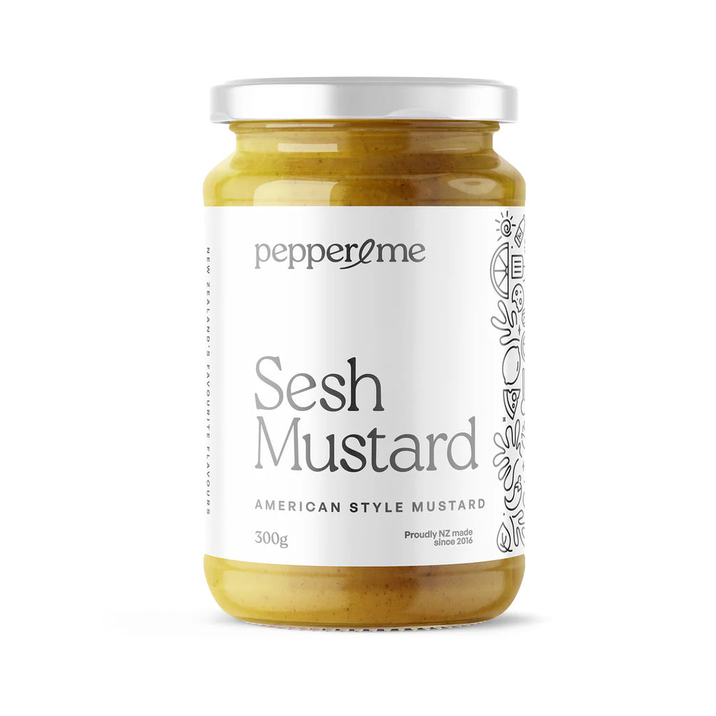 Jar of Sesh Mustard with 'peppe & rme' label on a white background