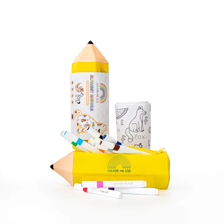 Coloring book set with crayons and a yellow pencil-shaped container on a white background