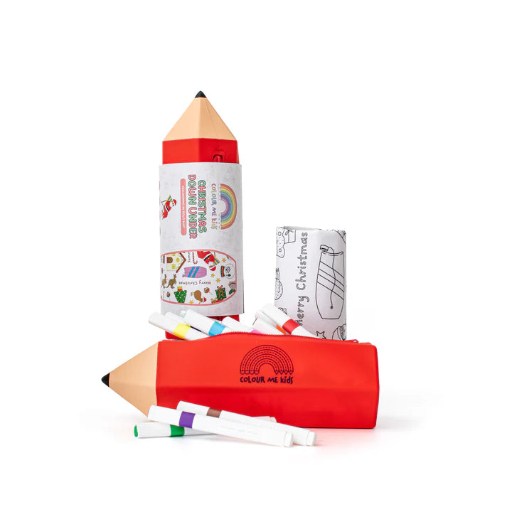 Red pencil-shaped coloring book with markers on a white background