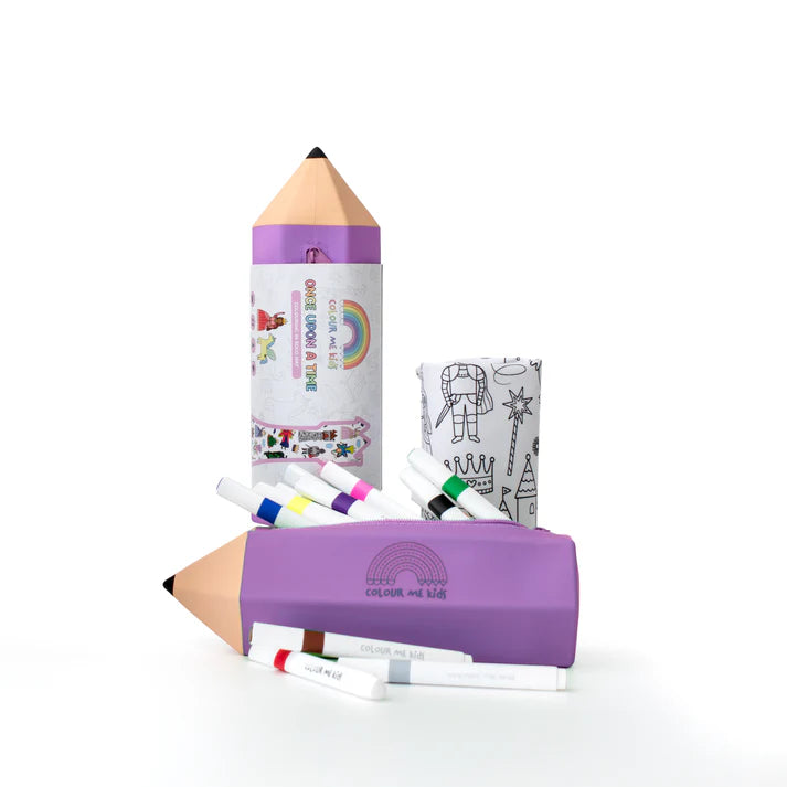 Purple pencil-shaped coloring book with markers on a white background