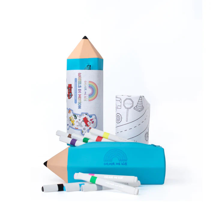 Coloring book and supplies including a large pencil-shaped crayon, markers, and a coloring book on a white background.