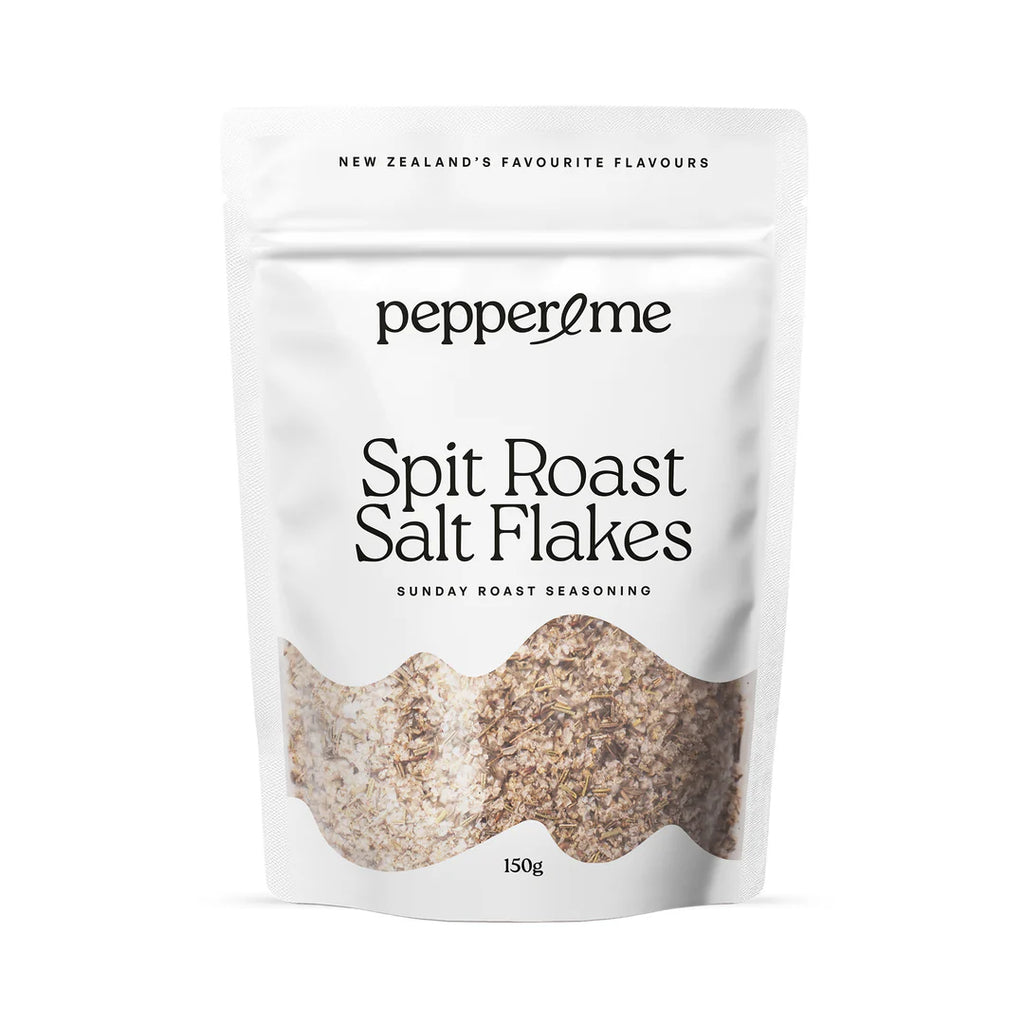 Package of pepper & me Spit Roast Salt Flakes on a white background