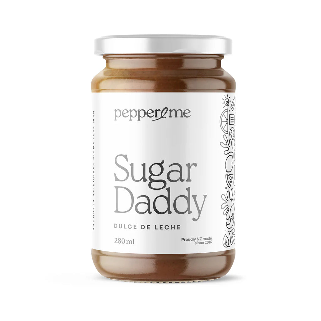 Jar of 'Sugar Daddy' Dulce de Leche with 'pepperlme' label on a white background