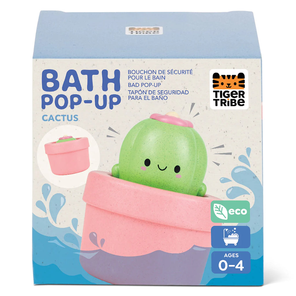 Bath pop-up cactus toy packaging with Tiger Tribe branding