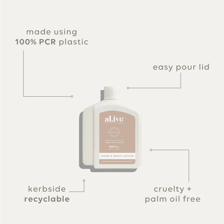 Hand and body lotion bottle with features highlighted on a white background