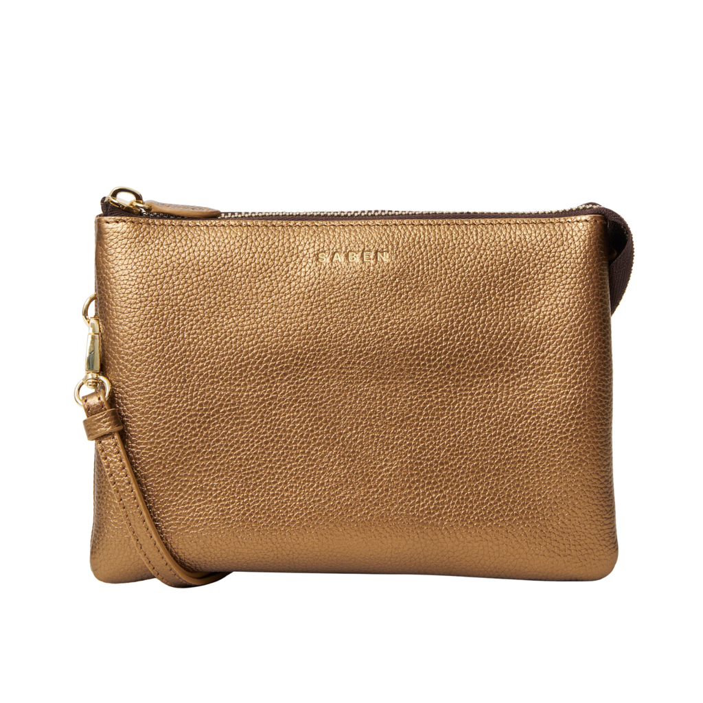 Medium size metallic bronze, rectangle bag with shoulder strap and zip closure.