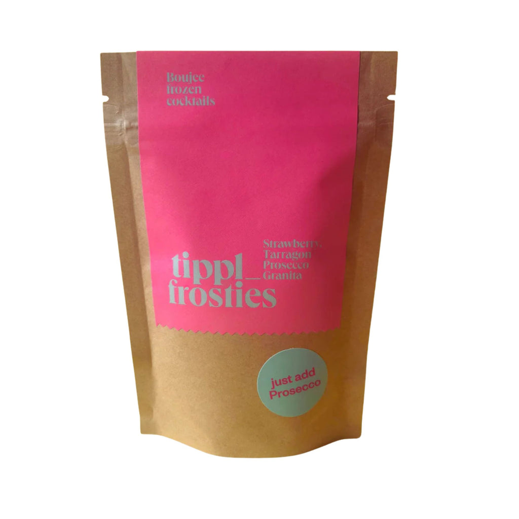 brown resealable bag against a white background with tippl logo printed on the front in pink