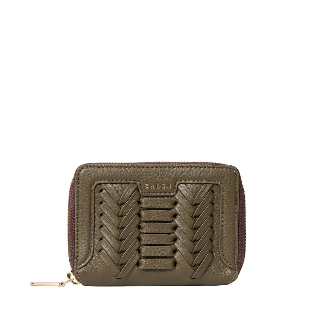Saben - Landry Wallet - Rosemary Macro Weave. Olive coloured textured leather wallet with zip on three sides