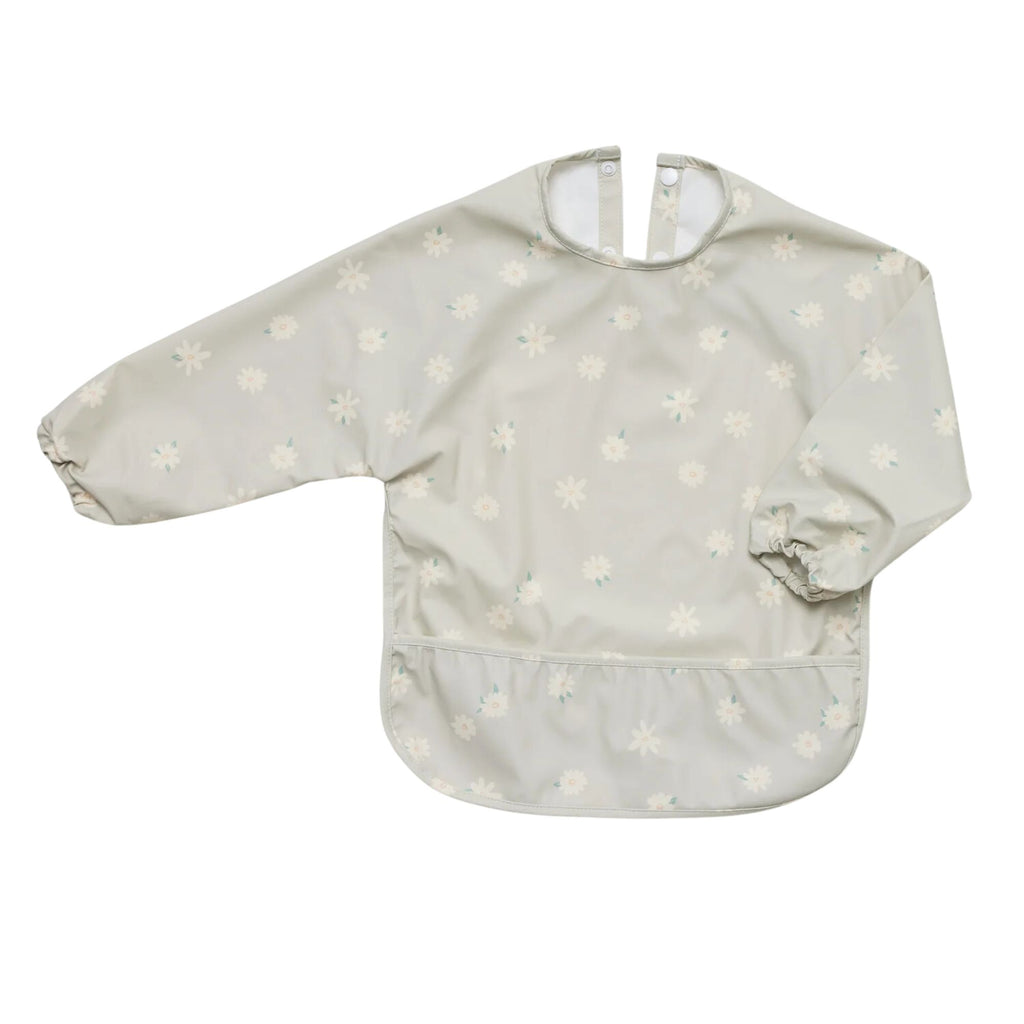 Light grey Waterproof Long Sleeve Bib with daisies on it and one arm folded