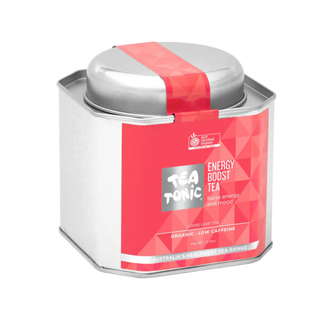 A silver tin with a lid and a red label stating "tea tonic energy boost tea"