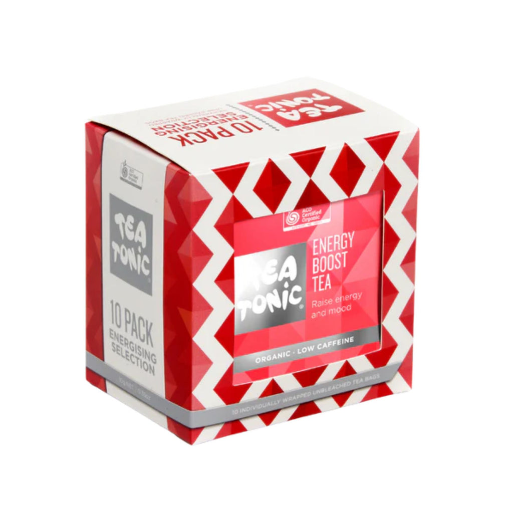 A red and white patterned box with a tea packet in the middle labeled "tea tonic energy boost tea"