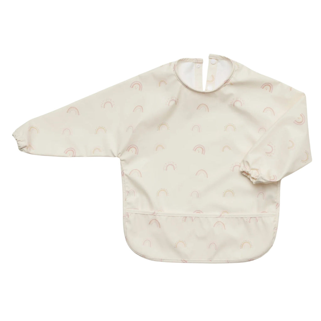 White long-sleeve bib with pink rainbows on it 